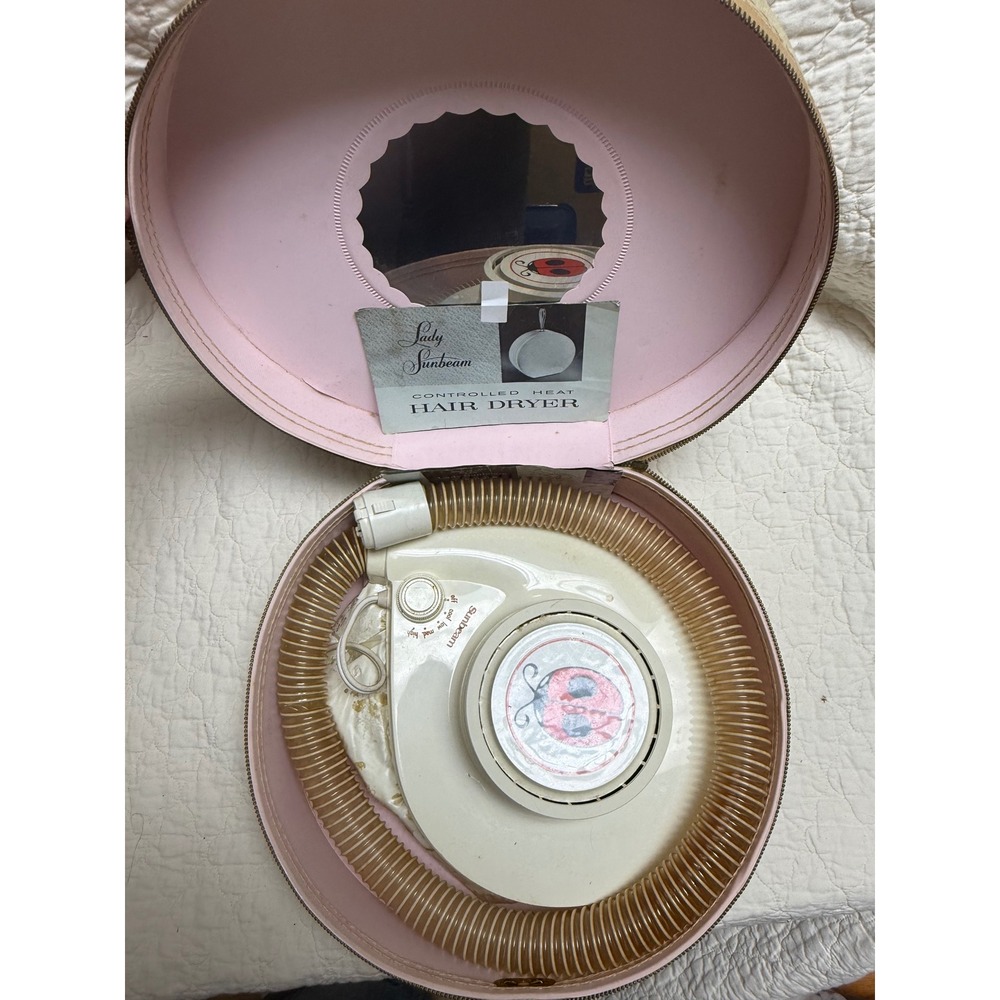 Vintage antique Lady Sunbeam Heat Hair Dryer Ladybug Portable‎ Case Bonnet 60s